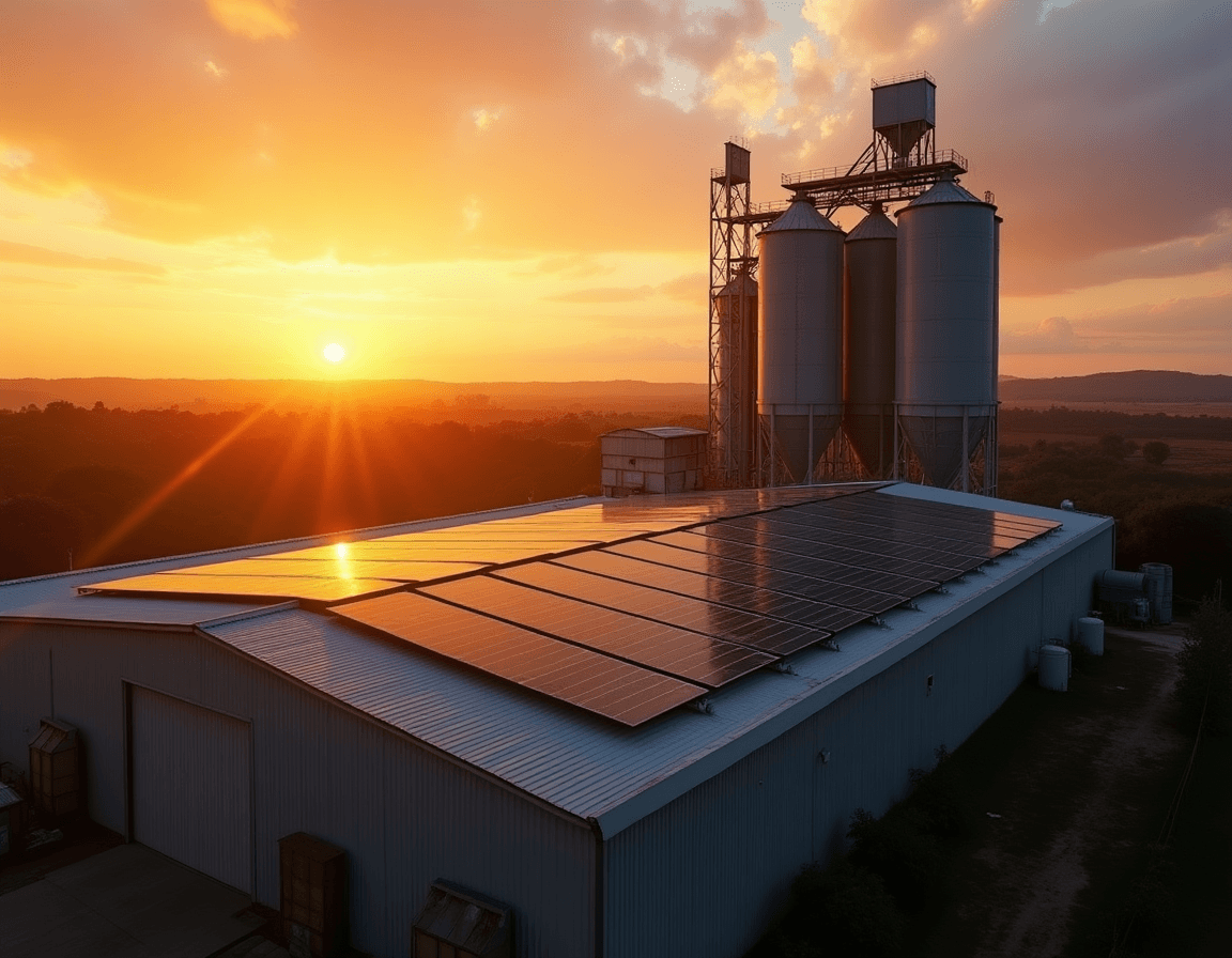 Beneficiamento de graos com array solar e silos ao fundo
