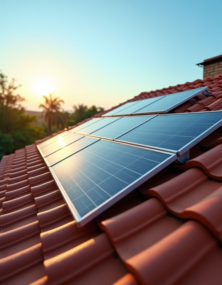 Sistema solar entregue em telhado terracota brasileiro · golden hour Palmas-TO