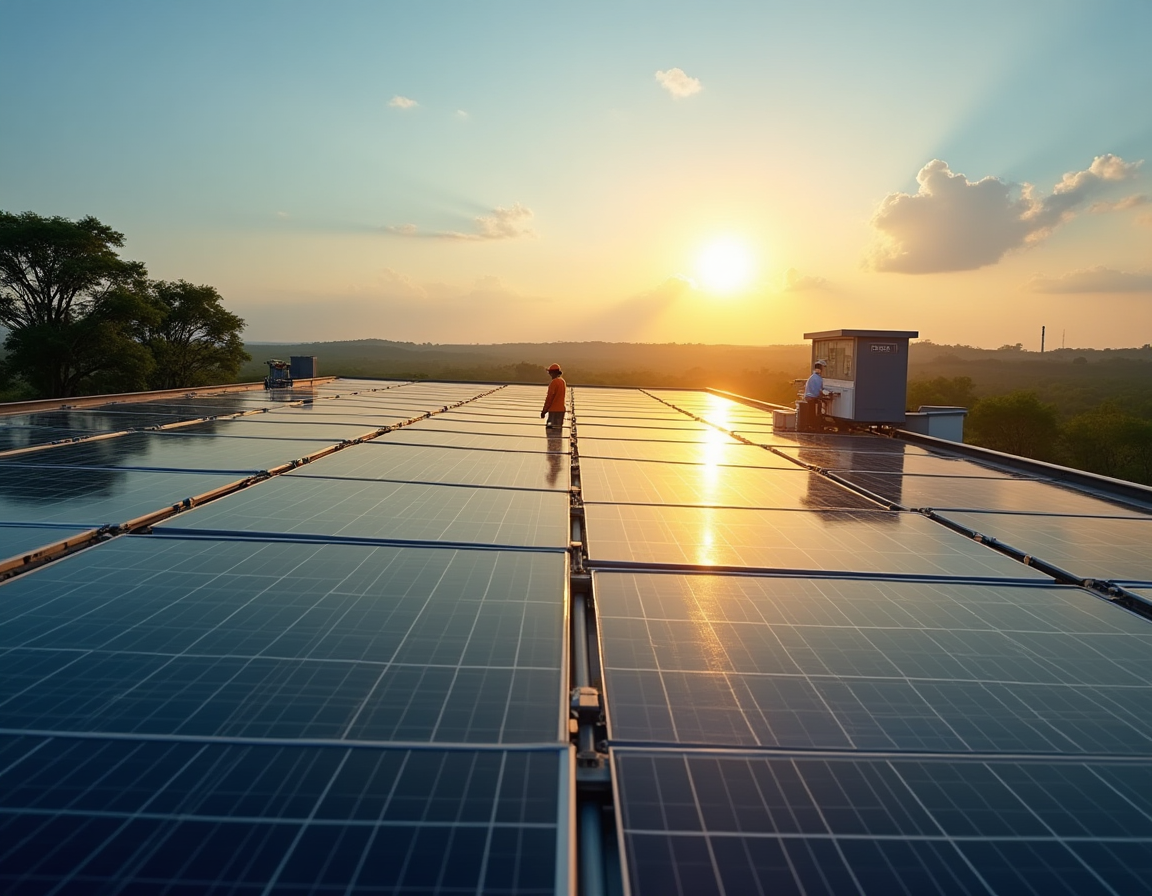 Painéis solares cobrindo telhado de galpão industrial metálico